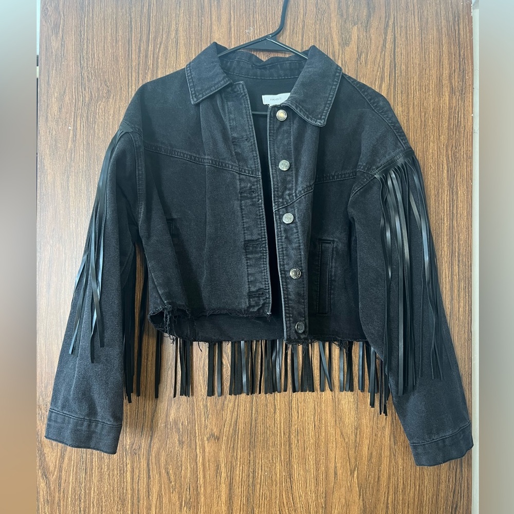 Fringe black denim jacket
